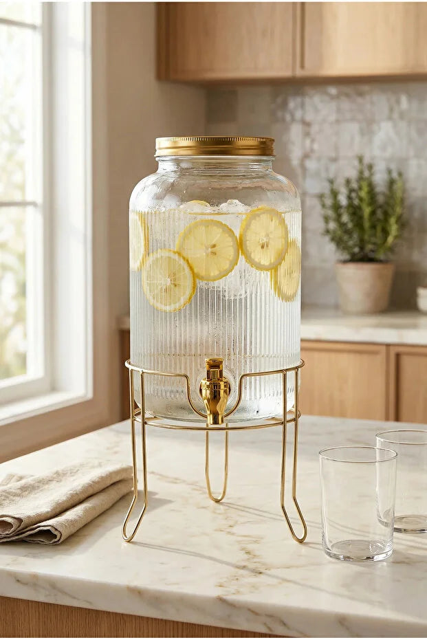 4 Litre Gold Detaylı Cam Sebil Metal Standlı