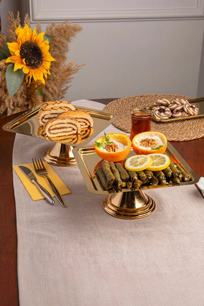 Lüx 2'Lİ Kare Gold Ayaklı Kek, Pasta, kurabiye,Tatlı, İkramlık, Çeyizlik Sunum Servis Standı