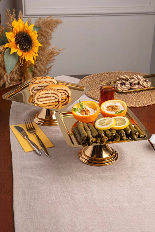 Lüx 2'Lİ Kare Gold Ayaklı Kek, Pasta, kurabiye,Tatlı, İkramlık, Çeyizlik Sunum Servis Standı