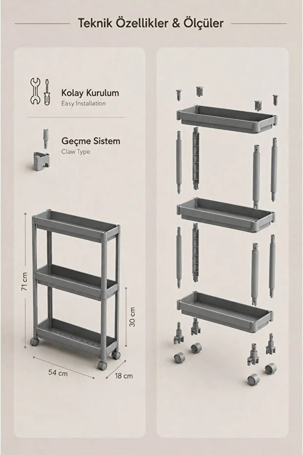 3 Katlı Gri Tekerlekli Organizer Raf Ünitesi – Dar Alan Banyo ve Mutfak Düzenleyici