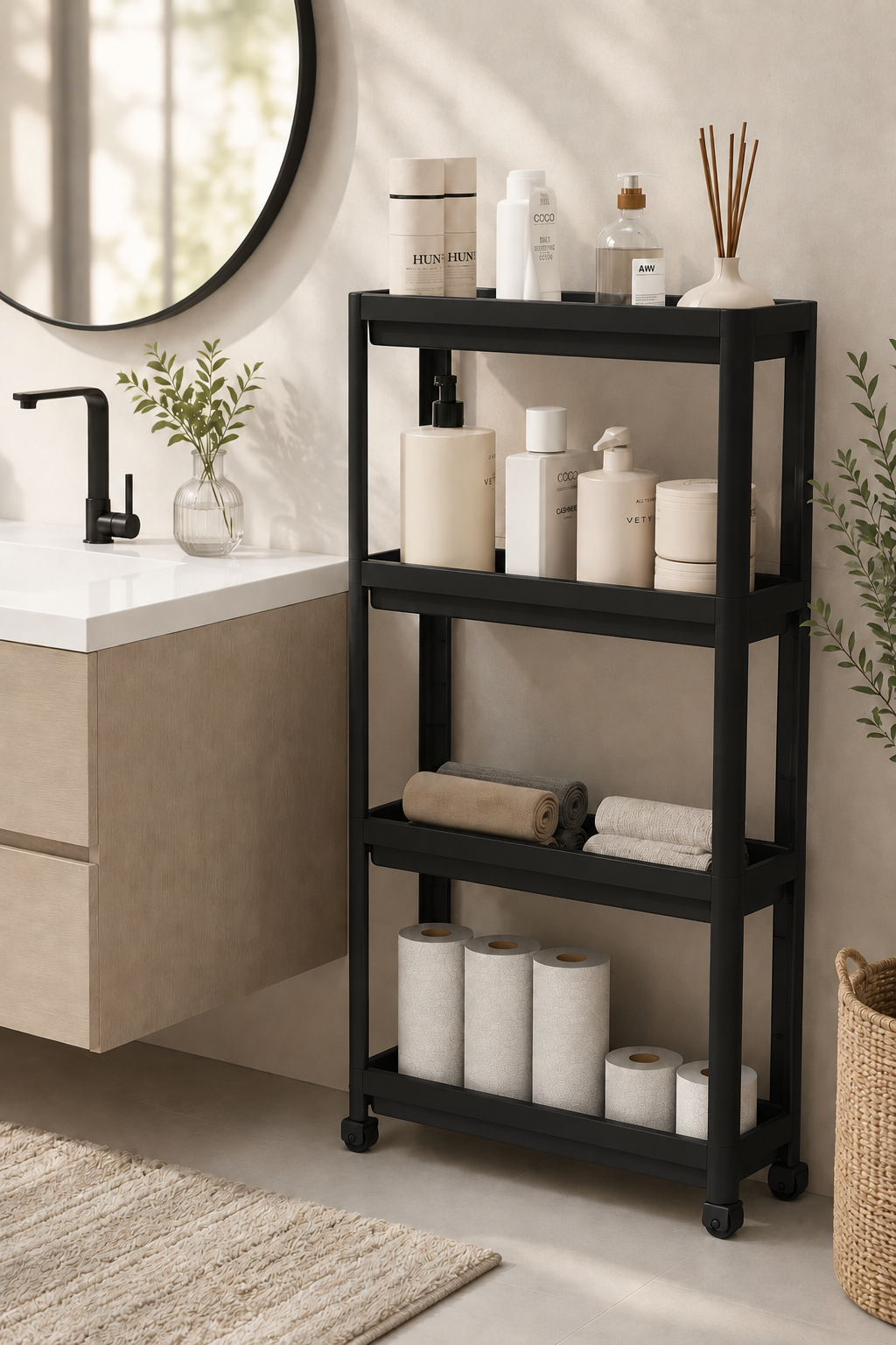 4 Katlı Siyah Raf Ünitesi Beyaz Banyo Mutfak Düzenleyici Organizer Raf