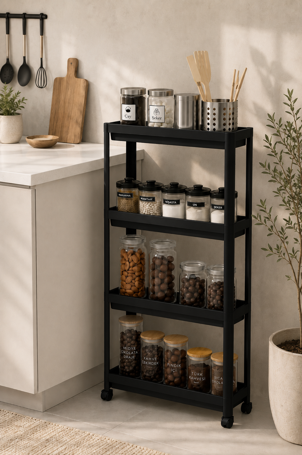4 Katlı Siyah Raf Ünitesi Beyaz Banyo Mutfak Düzenleyici Organizer Raf