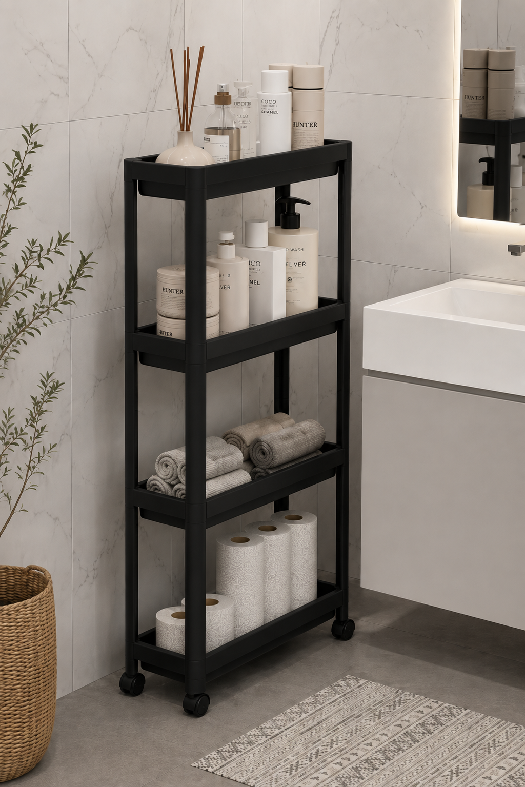 4 Katlı Siyah Raf Ünitesi Beyaz Banyo Mutfak Düzenleyici Organizer Raf