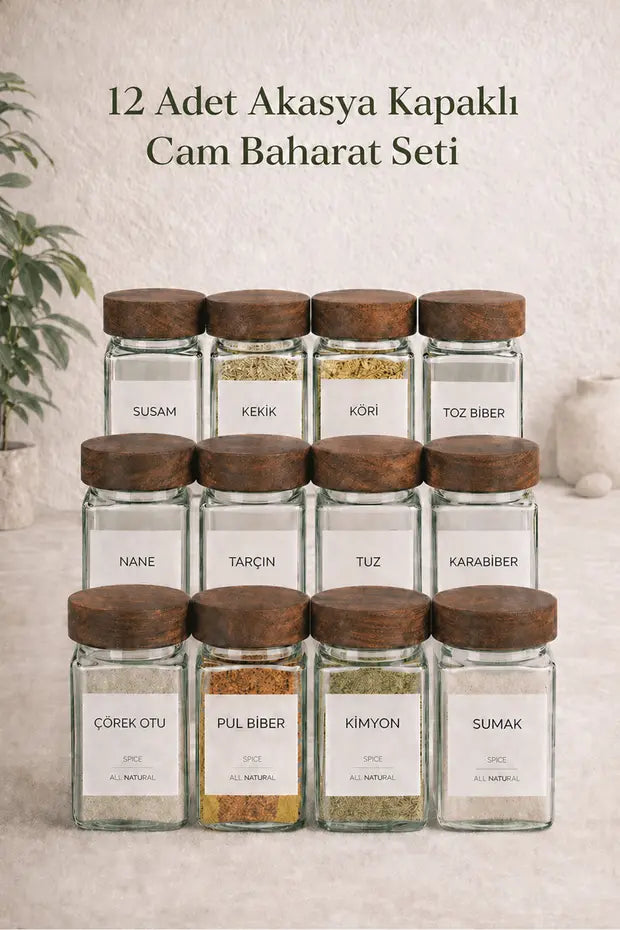 12Li Cam Bambu Kapaklı Kare Kahve Baharatlık Seti (14 Adet Etiket)