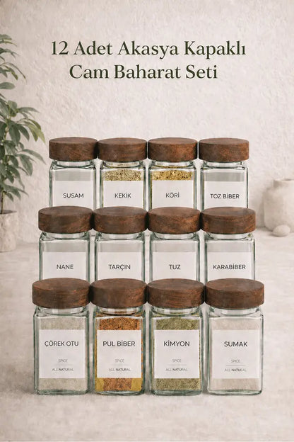 12Li Cam Bambu Kapaklı Kare Kahve Baharatlık Seti (14 Adet Etiket)