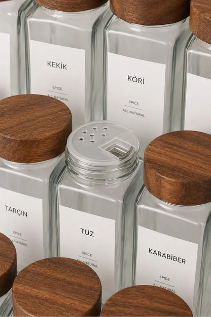 12Li Cam Bambu Kapaklı Kare Kahve Baharatlık Seti (14 Adet Etiket)