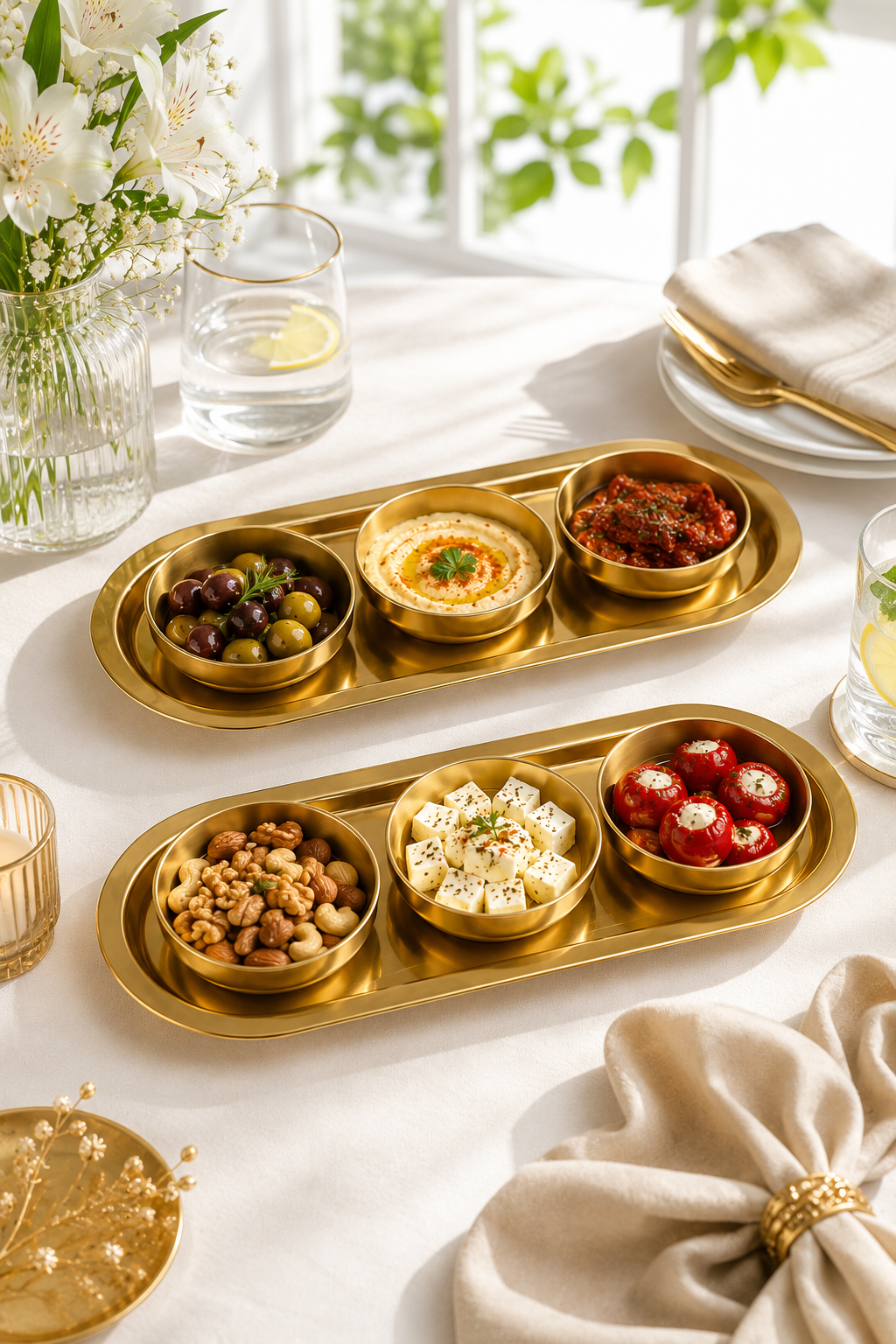 8 Parça Gold Sunum Seti 2 Oval Tepsi + 6 Kase Kahvaltılık, Çerezlik, Mezelik ve Sosluk