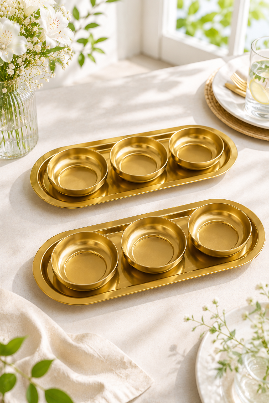 8 Parça Gold Sunum Seti 2 Oval Tepsi + 6 Kase Kahvaltılık, Çerezlik, Mezelik ve Sosluk