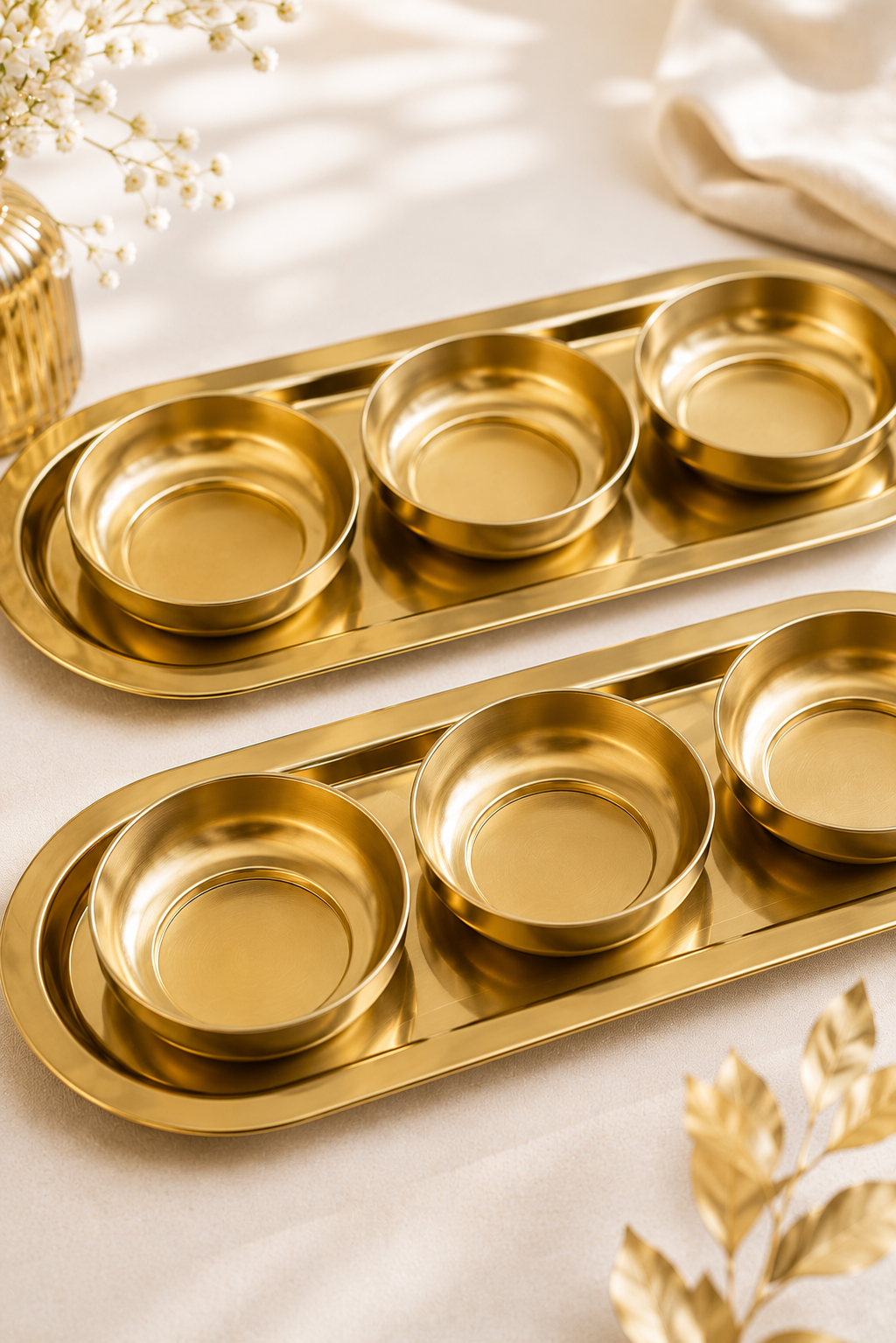 8 Parça Gold Sunum Seti 2 Oval Tepsi + 6 Kase Kahvaltılık, Çerezlik, Mezelik ve Sosluk