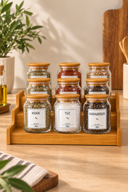 9 Lu Cam Bambu Vakum Kapaklı Baharat Seti Kapaklı, Etiketli, Merdiven Standlı Set