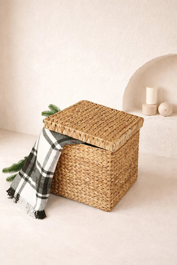 Hasır Su Sümbülü Kapaklı 38x38x35cm Düzenleyici/Organizer/Oyuncak Sepeti