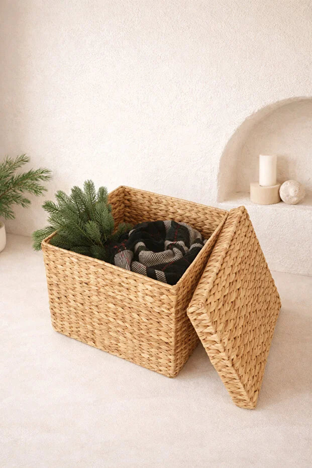 Hasır Su Sümbülü Kapaklı 38x38x35cm Düzenleyici/Organizer/Oyuncak Sepeti