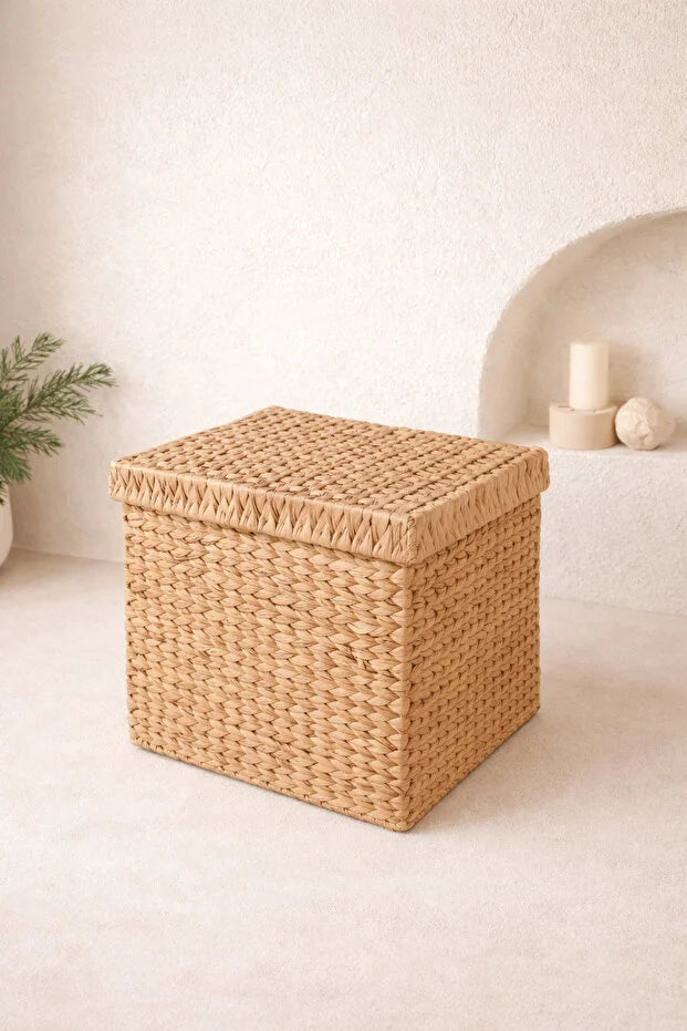 Hasır Su Sümbülü Kapaklı 38x38x35cm Düzenleyici/Organizer/Oyuncak Sepeti