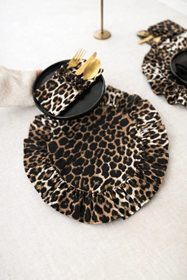 Leopard Serisi Keten Fırfır Detaylı Yuvarlak Amerikan Servis / Supla