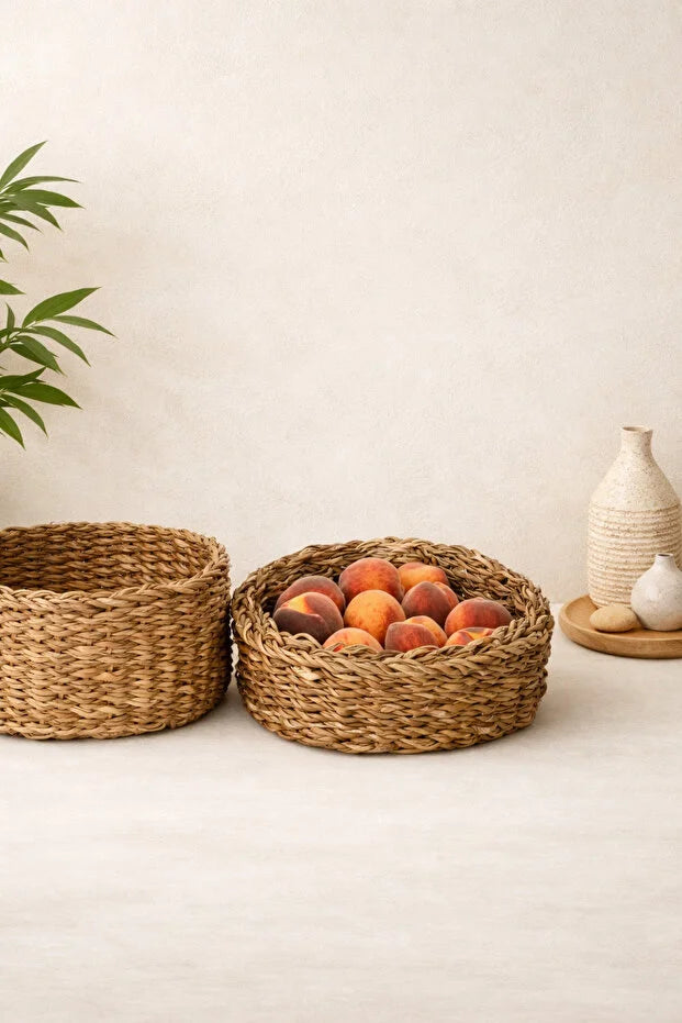 Doğal Hasır Yuvarlak Sepet Seti – 3 Parça Organizer Saklama Seti