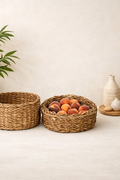 Doğal Hasır Yuvarlak Sepet Seti – 3 Parça Organizer Saklama Seti
