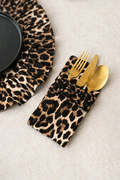 Leopard Serisi Fırfırlı 3 Bölmeli Çatal-Kaşık-Bıçak Kılıfı