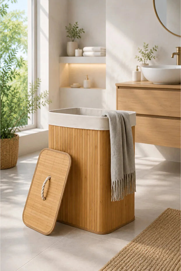 Bambu Kapaklı İç Korumalı Çamaşır Sepeti