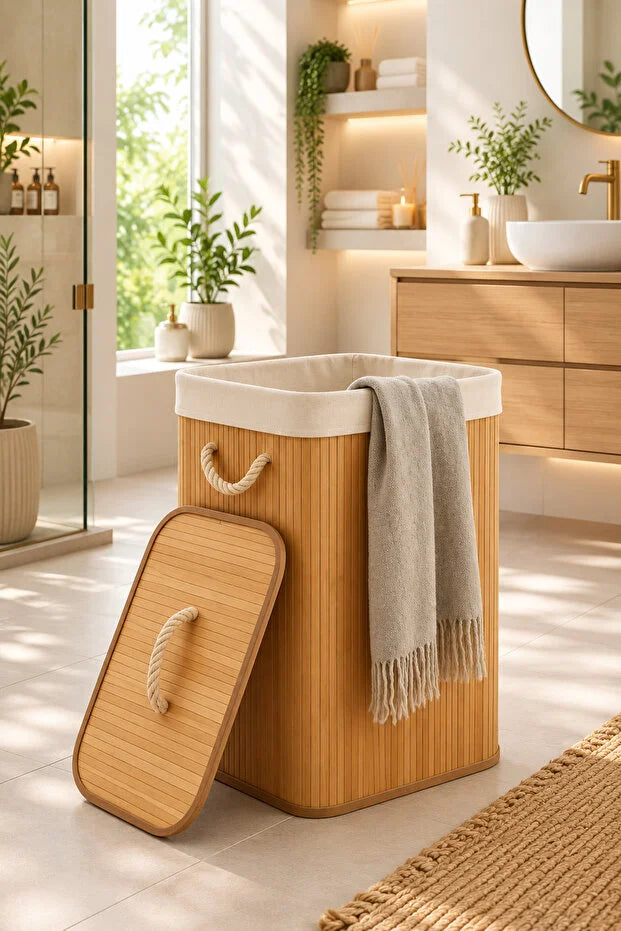 Bambu Kapaklı İç Korumalı Çamaşır Sepeti