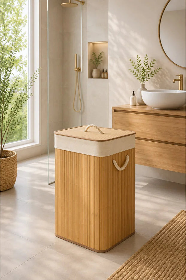 Bambu Kapaklı İç Korumalı Çamaşır Sepeti