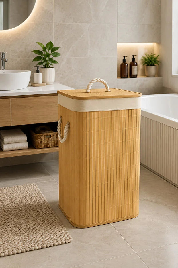 Bambu Kapaklı İç Korumalı Çamaşır Sepeti