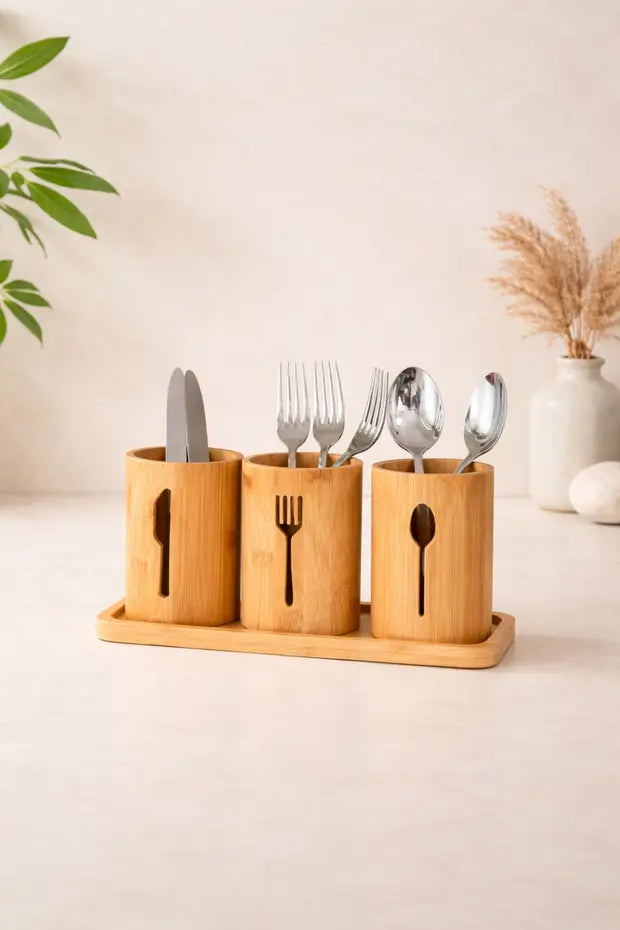 Bambu Altlıklı 3Lü Kaşık/Çatal/Bıçak Düzenleyici