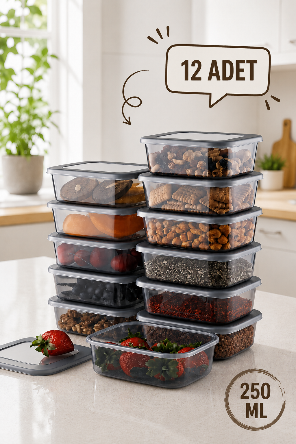 12 Adet 250 ml Saklama Kabı,Kahvaltılık,Bakliyat,Çerezlik,Meyvelik Kapaklı Set