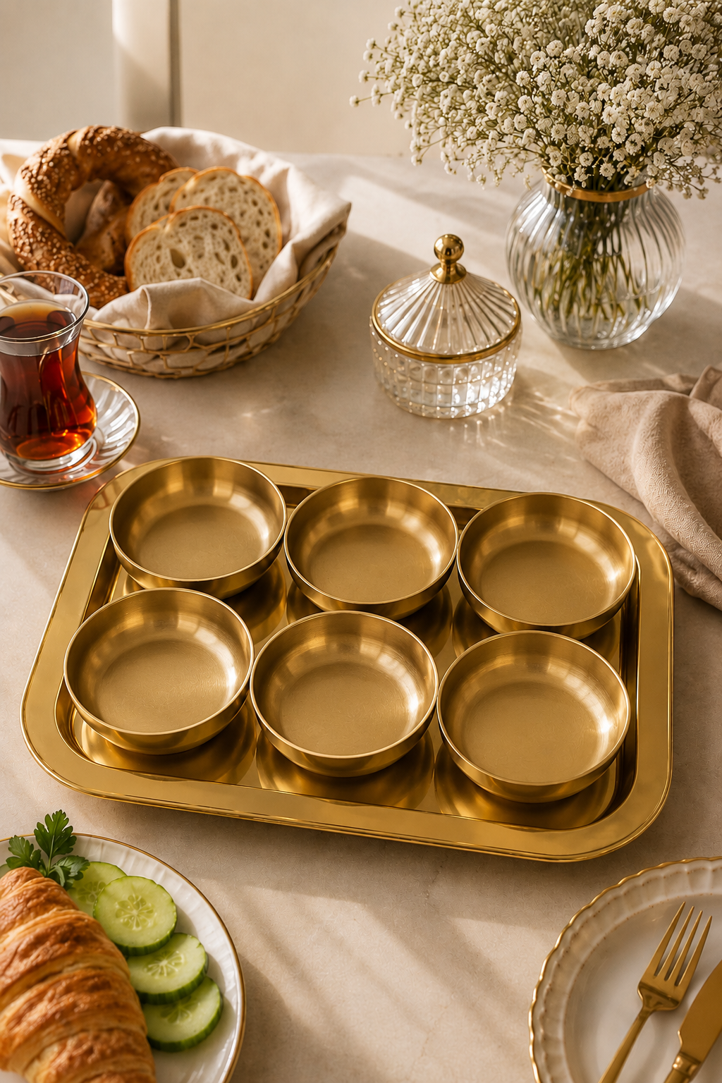 Gold 6'lı Sunum Seti – Metal Tepsi ve Çok Amaçlı Servis Kaseleri