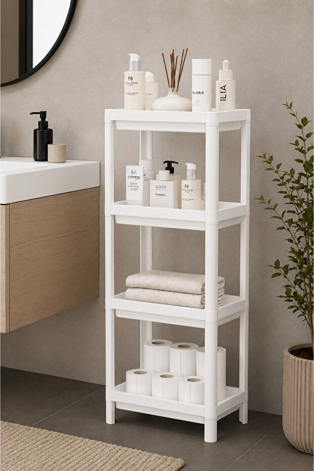 4 Katlı Modern Depolama Rafı Beyaz – Çok Amaçlı Mutfak ve Banyo Organizer