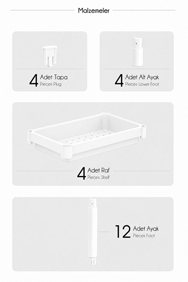 4 Katlı Modern Depolama Rafı Beyaz – Çok Amaçlı Mutfak ve Banyo Organizer