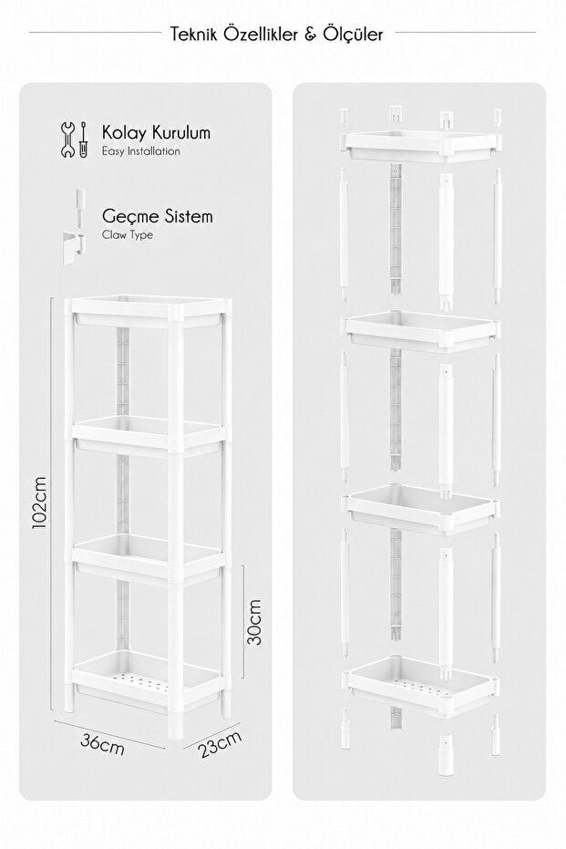 4 Katlı Modern Depolama Rafı Beyaz – Çok Amaçlı Mutfak ve Banyo Organizer