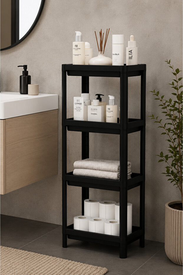 4 Katlı Modern Depolama Rafı Siyah – Çok Amaçlı Mutfak ve Banyo Organizer