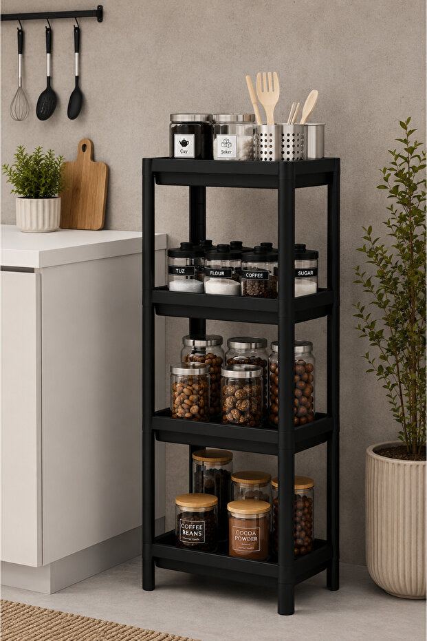 4 Katlı Modern Depolama Rafı Siyah – Çok Amaçlı Mutfak ve Banyo Organizer