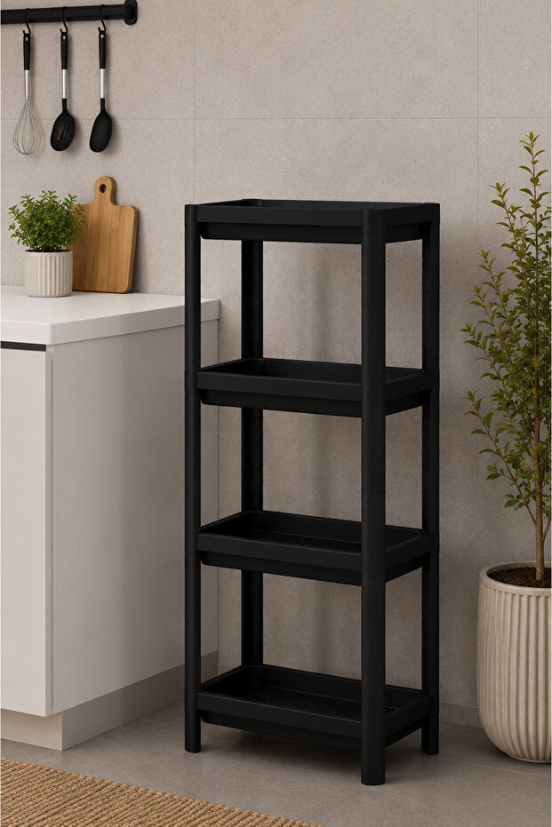 4 Katlı Modern Depolama Rafı Siyah – Çok Amaçlı Mutfak ve Banyo Organizer