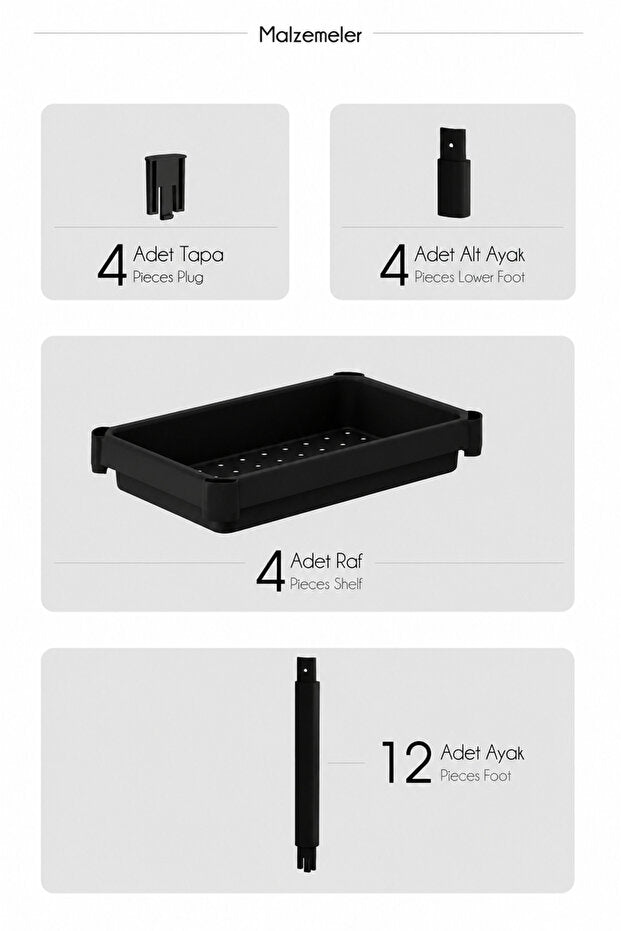4 Katlı Modern Depolama Rafı Siyah – Çok Amaçlı Mutfak ve Banyo Organizer