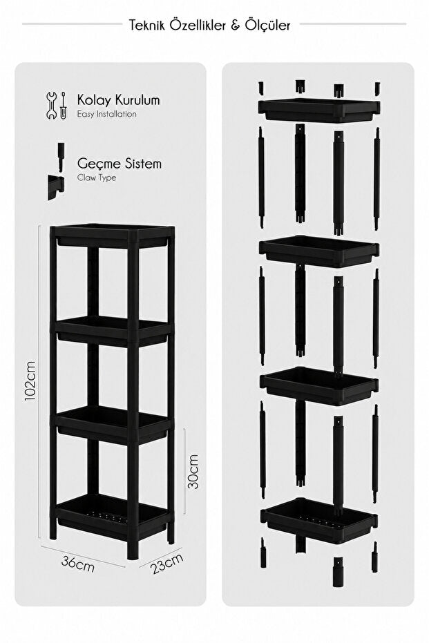 4 Katlı Modern Depolama Rafı Siyah – Çok Amaçlı Mutfak ve Banyo Organizer