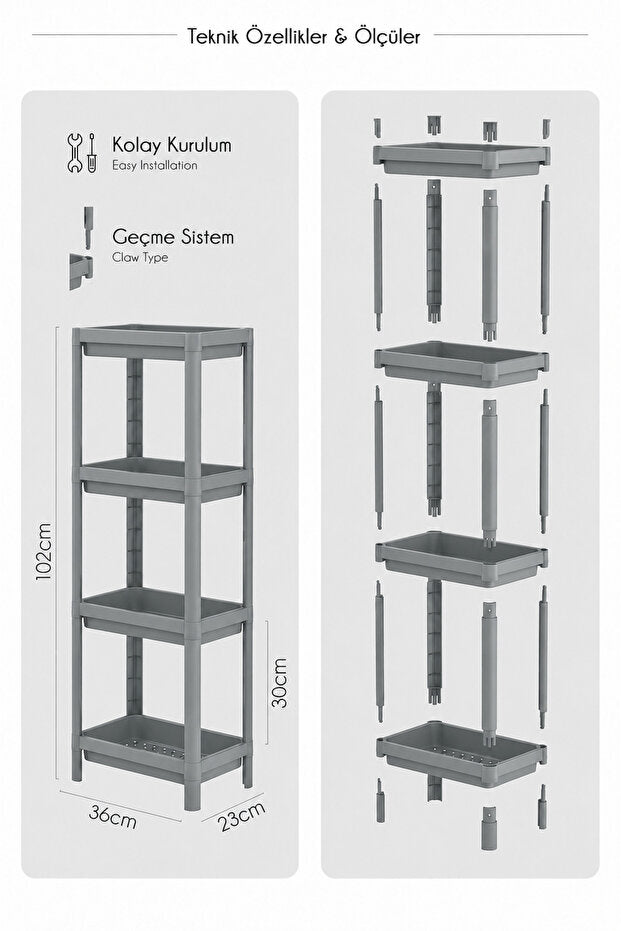 4 Katlı Modern Depolama Rafı Gri – Çok Amaçlı Mutfak ve Banyo Organizer
