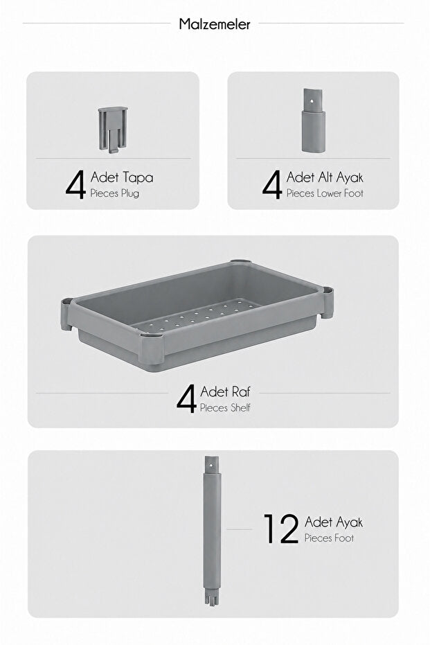 4 Katlı Modern Depolama Rafı Gri – Çok Amaçlı Mutfak ve Banyo Organizer