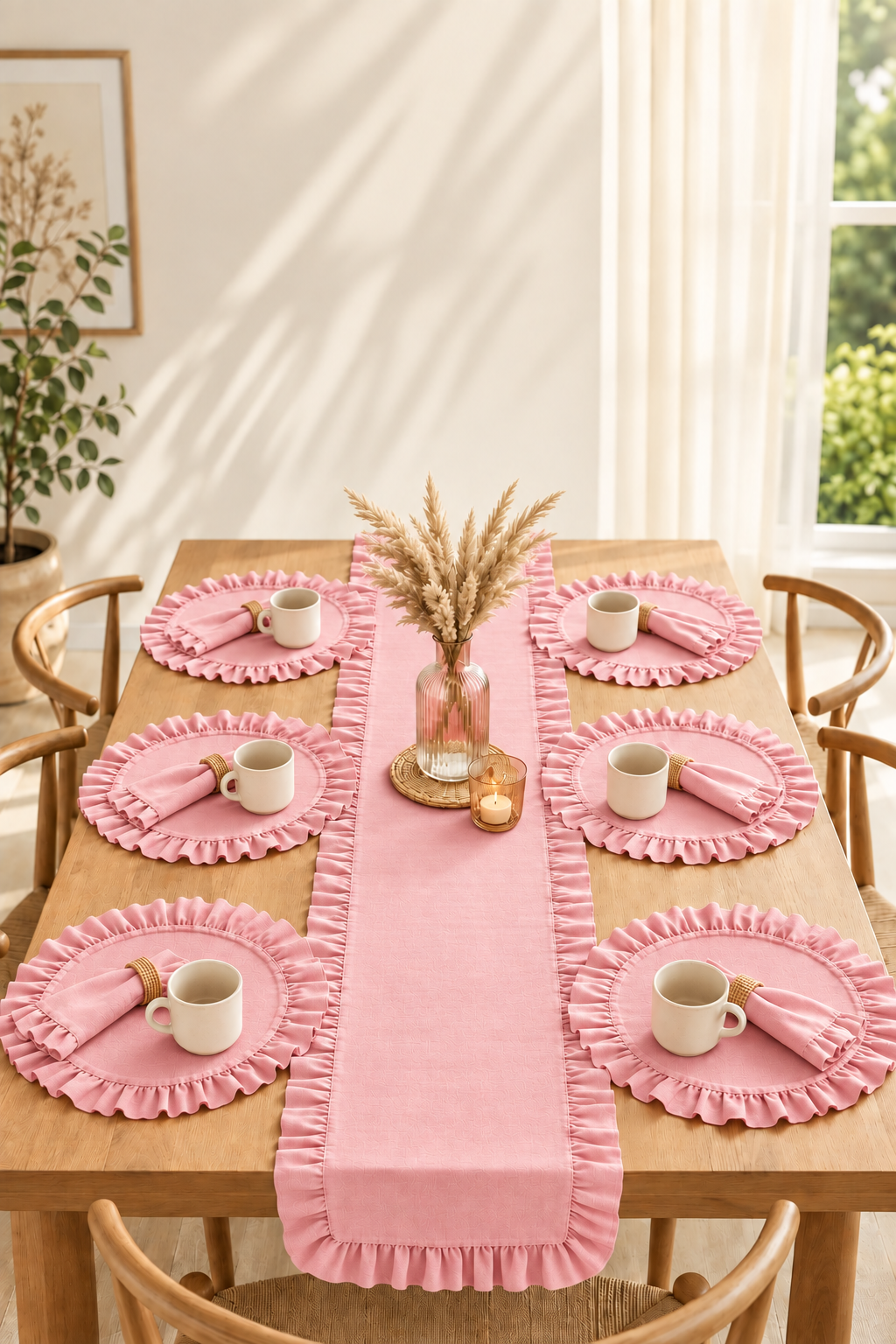 7 Parça Pembe Çeyiz Koleksiyonu Fırfır Detaylı Keten 40 x 150 Runner & Supla Seti – 6 Amerikan Servis 1 Adet Runner