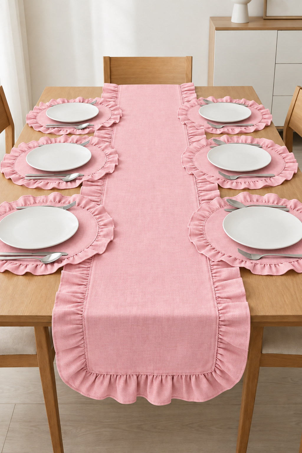 7 Parça Pembe Çeyiz Koleksiyonu Fırfır Detaylı Keten 40 x 150 Runner & Supla Seti – 6 Amerikan Servis 1 Adet Runner