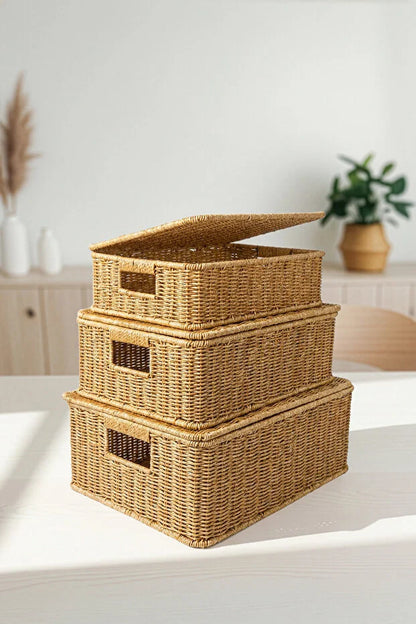 Rattan 3'Lü Çok Amaçlı Hasır Düzenleyici/Organizer/Sepet/Banyo Düzenleyici