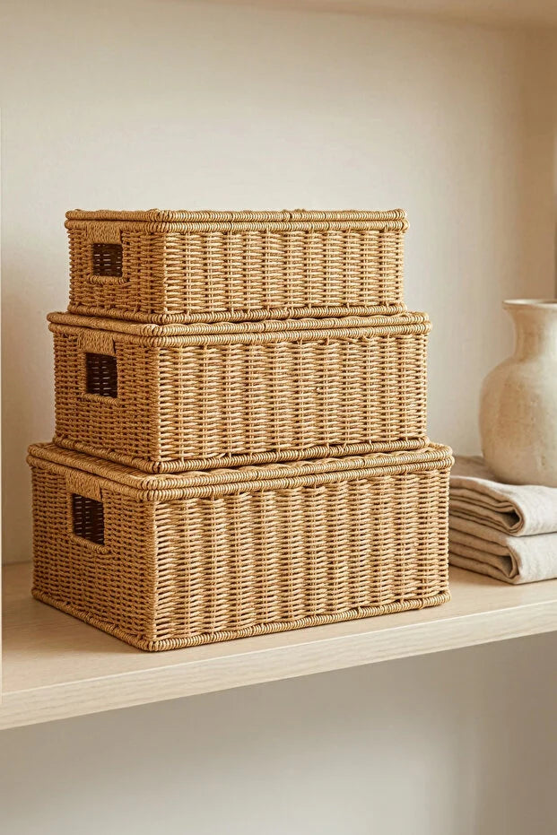 Rattan 3'Lü Çok Amaçlı Hasır Düzenleyici/Organizer/Sepet/Banyo Düzenleyici