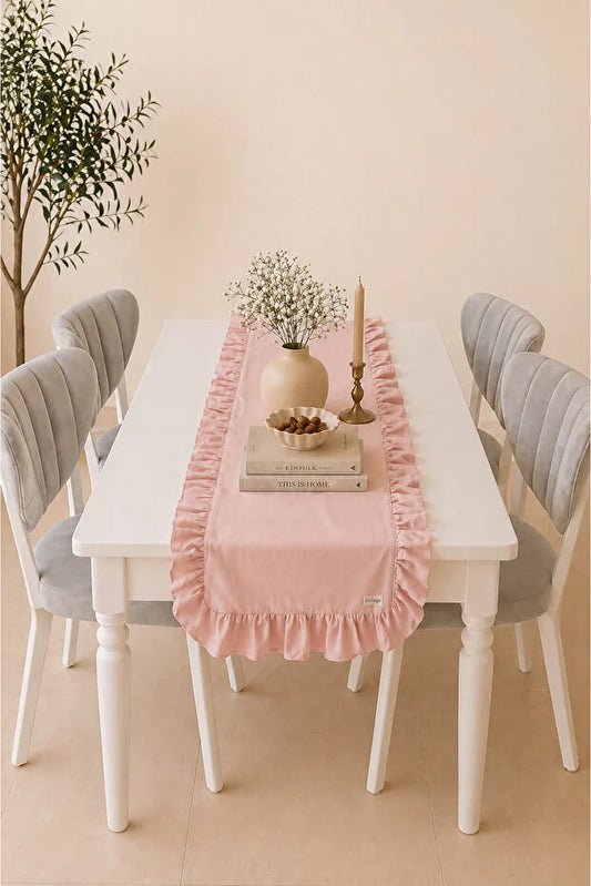 Dak Pembe Keten Fırfırlı Runner Dekoratif Yemek Masası ve Konsol Örtüsü