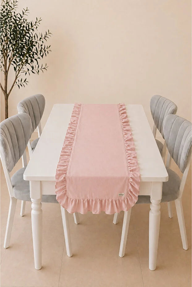 Dak Pembe Keten Fırfırlı Runner Dekoratif Yemek Masası ve Konsol Örtüsü