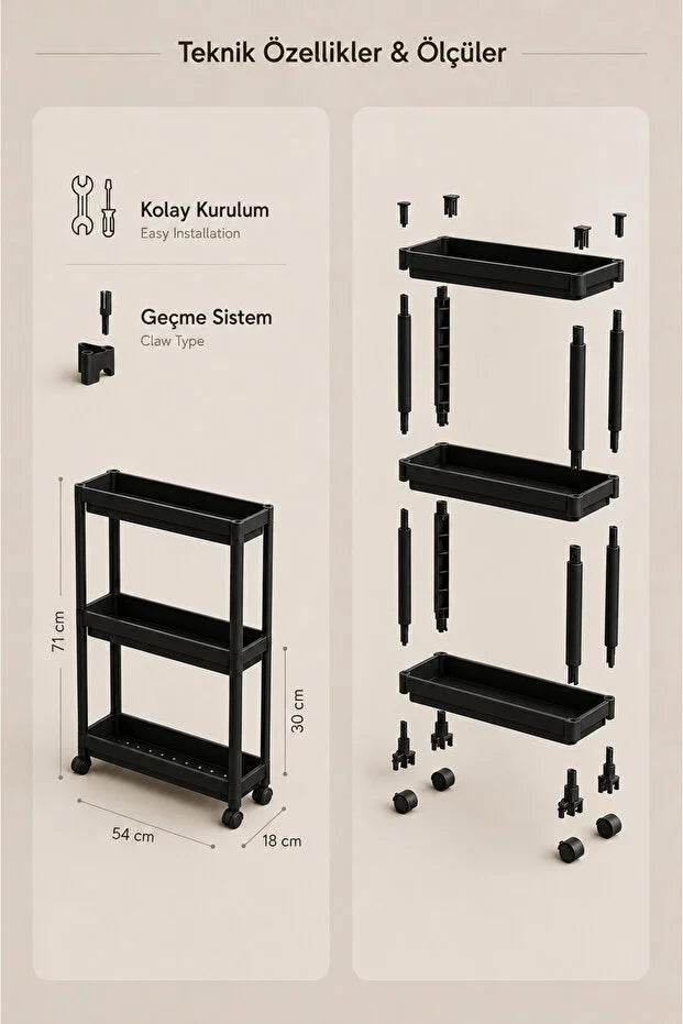 3 Katlı Siyah Tekerlekli Organizer Raf Ünitesi – Dar Alan Banyo ve Mutfak Düzenleyici