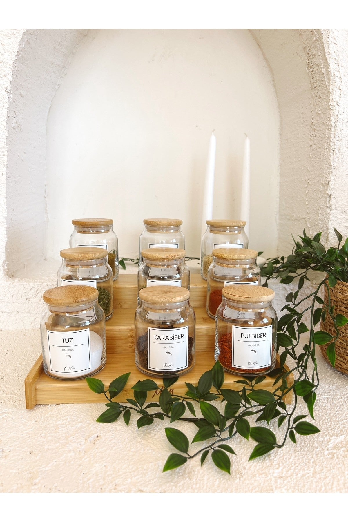 Bambu Vakum Kapaklı, Etiketli 12Li Cam Baharat Seti 12 Parça Cam