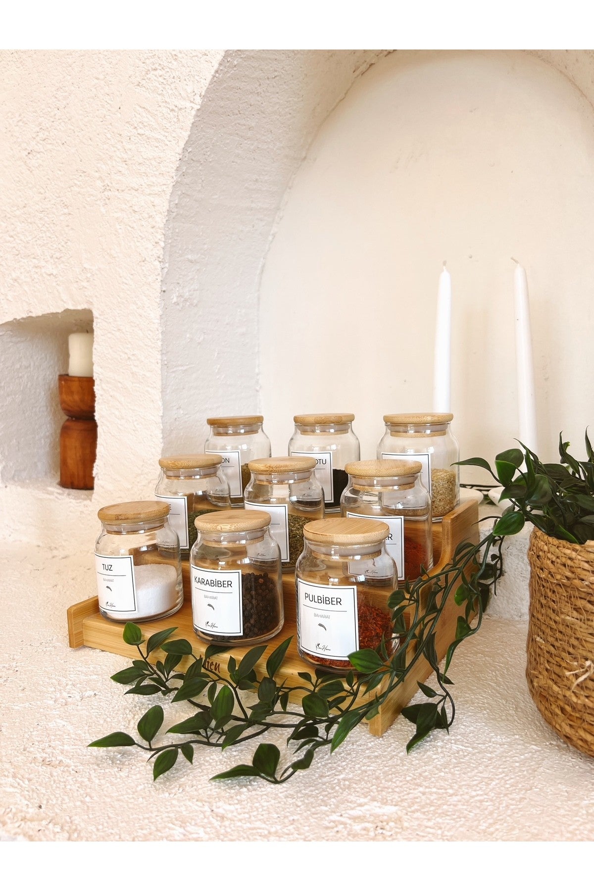 Bambu Vakum Kapaklı, Etiketli 12Li Cam Baharat Seti 12 Parça Cam