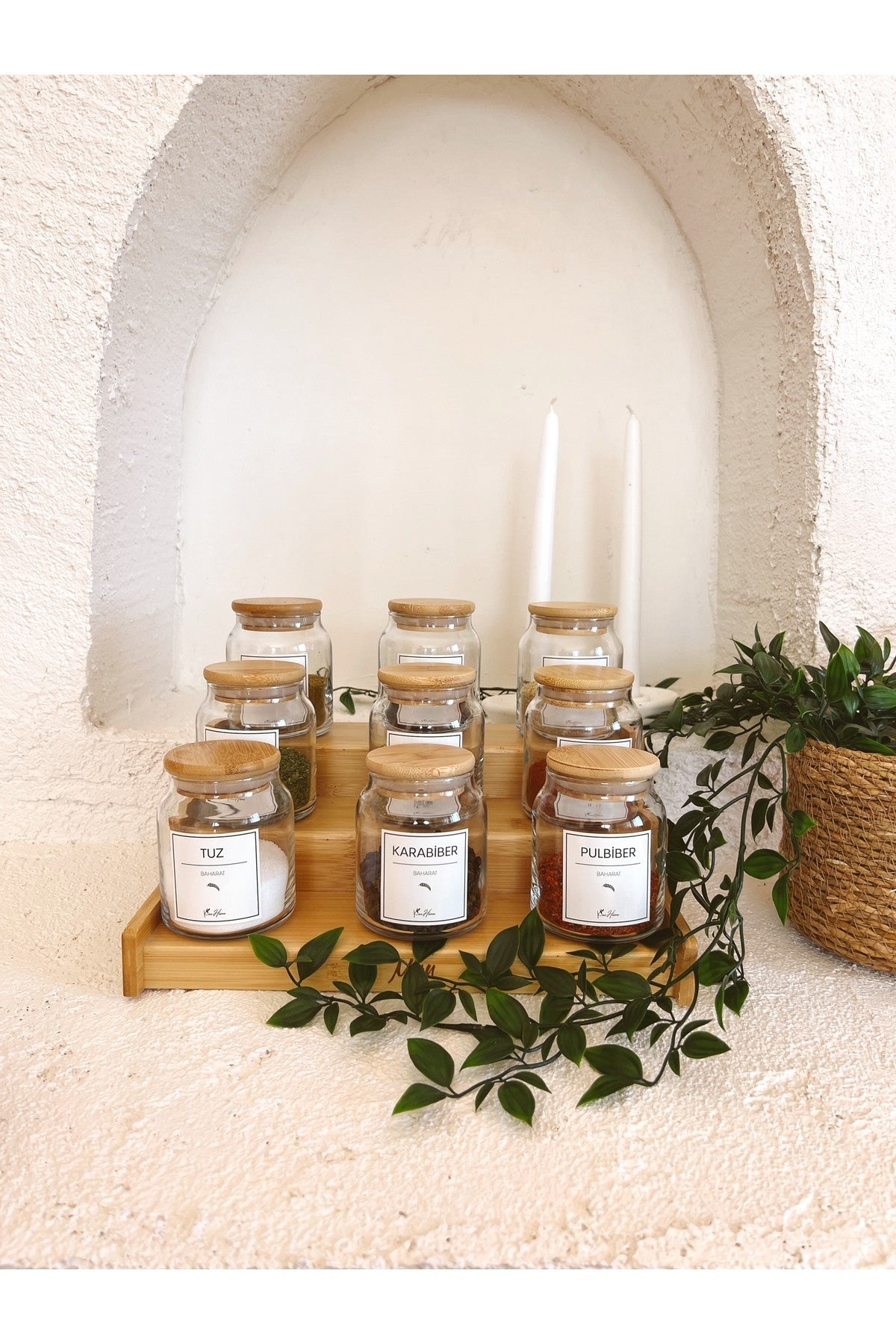 Bambu Vakum Kapaklı, Etiketli 12Li Cam Baharat Seti 12 Parça Cam