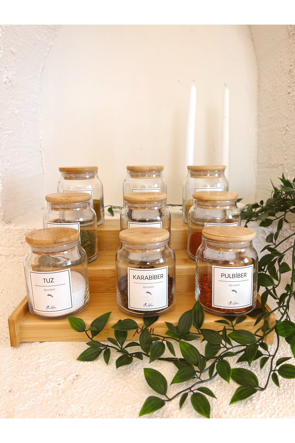 Bambu Vakum Kapaklı, Etiketli 12Li Cam Baharat Seti 12 Parça Cam