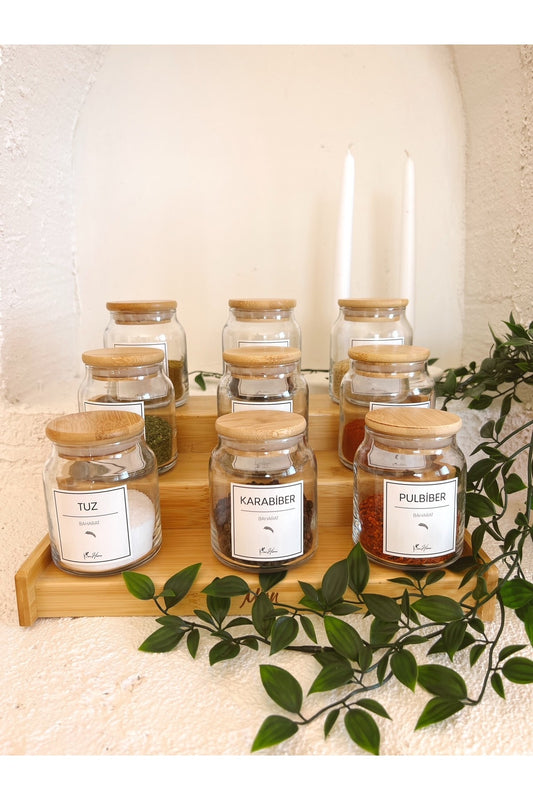 Bambu Vakum Kapaklı, Etiketli 12Li Cam Baharat Seti 12 Parça Cam
